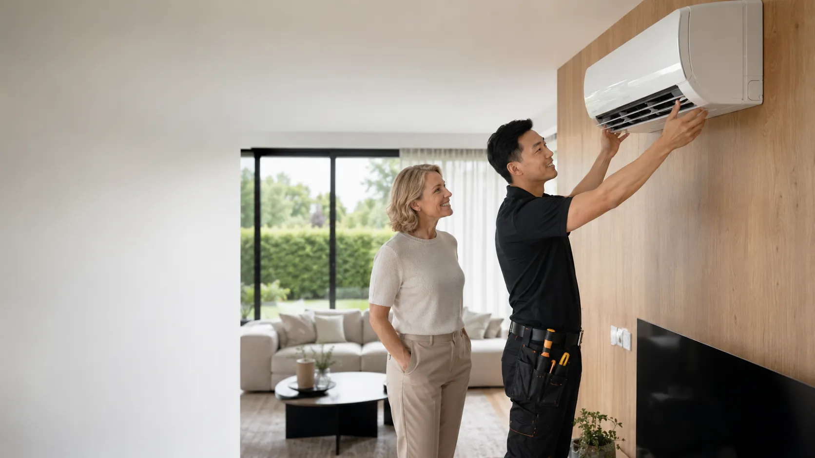 Moderne airco in een lichte woonkamer