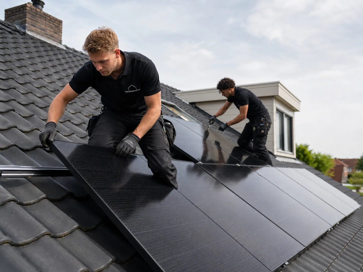 Monteurs van Vastelastenthuis installeren zonnepanelen op een dak
