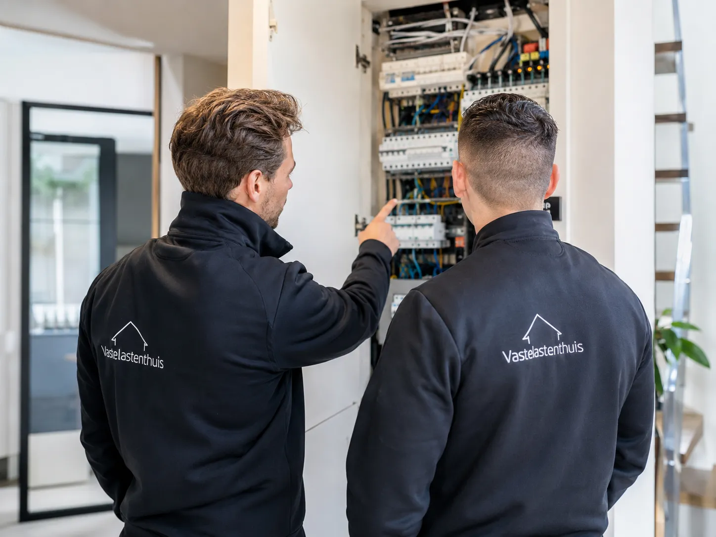 Monteurs van Vastelastenthuis controleren de meterkast voor de installatie