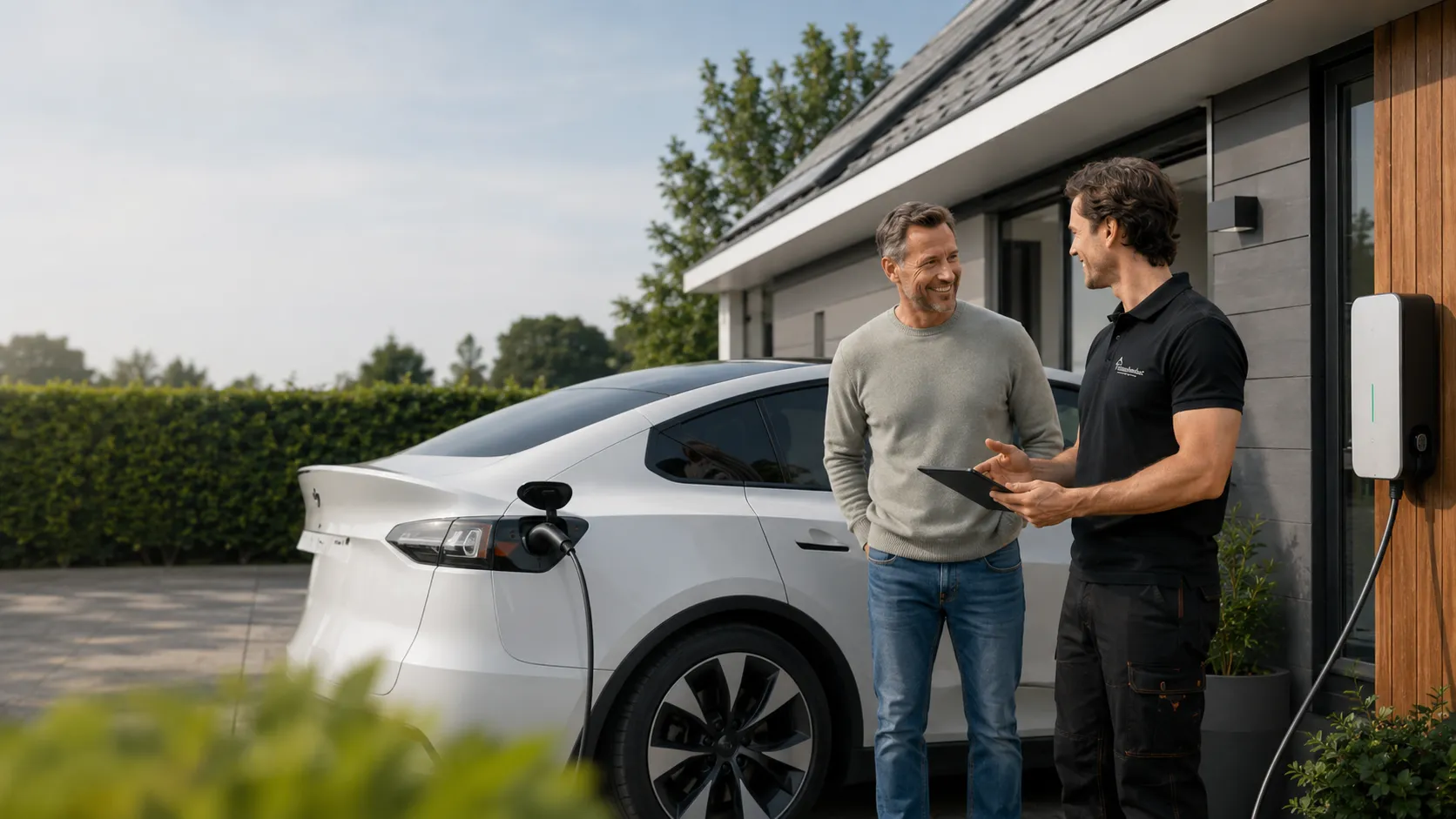 Elektrische auto laadt op aan laadpaal bij een woning